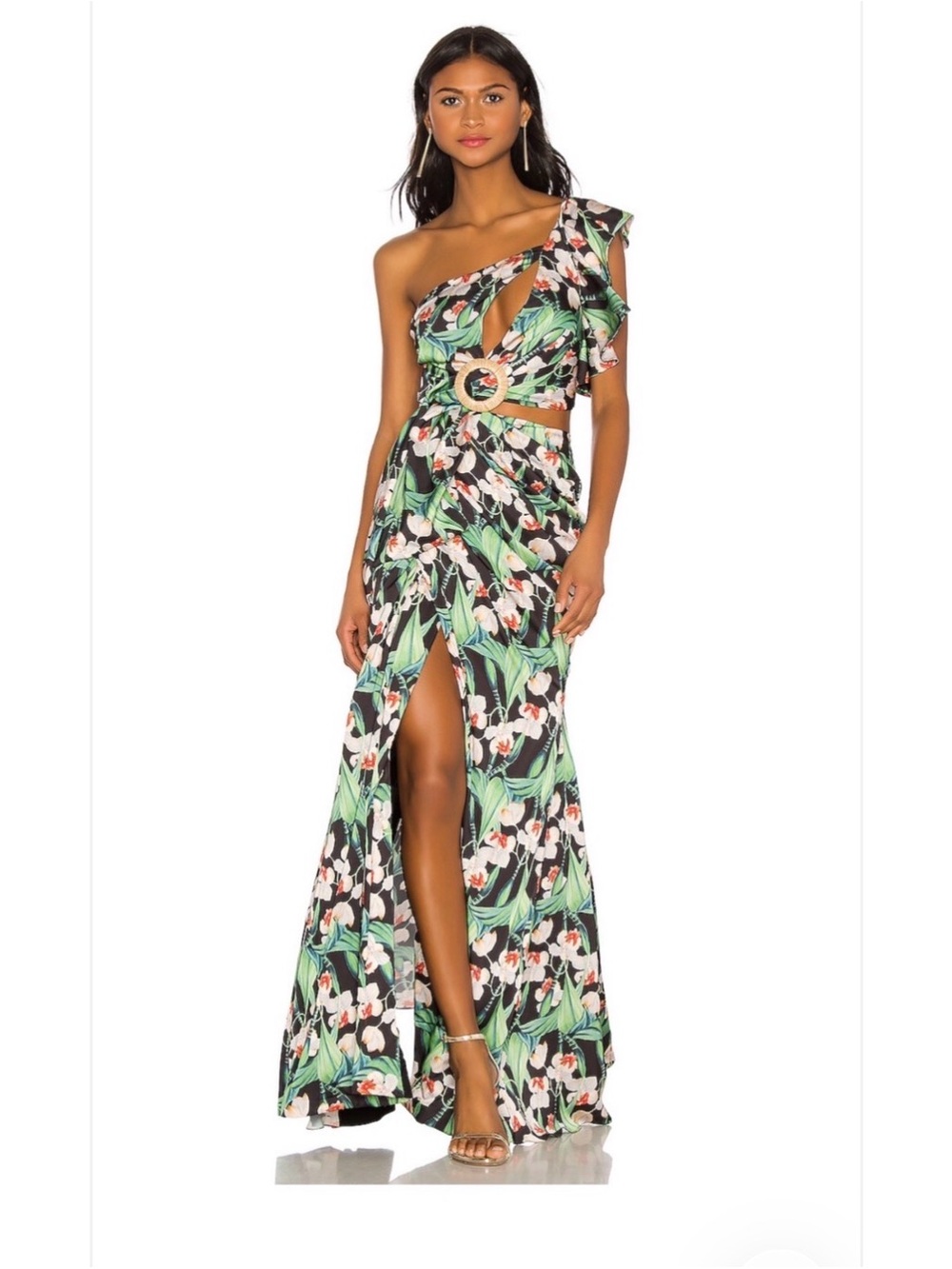 PatBO One-Shoulder Tropical Floral Maxi Dress in Black, Green, and White